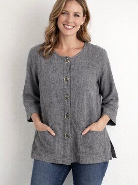 Mango Tango Womens Charcoal Grey‎ 100% Linen Button Front Top Made in Hawaii